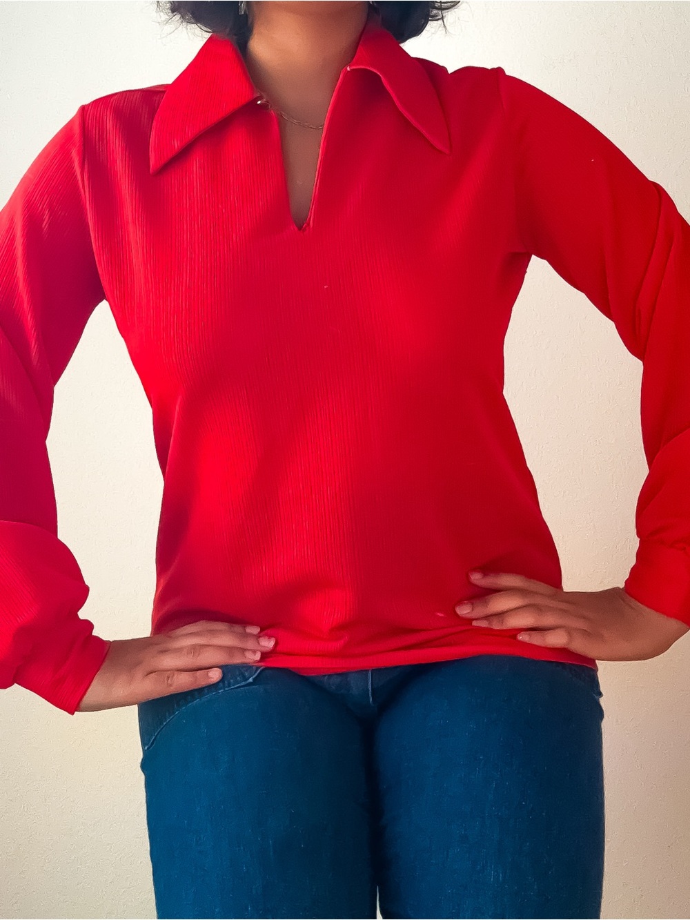 Vintage 1970s Red Long-Sleeve Collared Top
